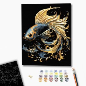 Malowanie po numerach BRUSHME, 40x50 cm, czarne płótno, gold, magiczna ryba, 1 szt., w pudełku