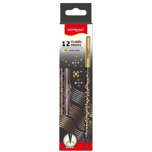 Ołówek KEYROAD Metallic, okrągły, czarne drewno, 12 szt., holograficzne wzory