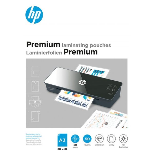 Folie laminacyjne HP PREMIUM, A3, 80 mic, 50 szt., przezroczyste/połysk