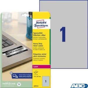 Etykiety znamionowe srebrne, A4, 8 ark. / op., 210 x 297 mm, srebrne, poliestrowe, AVERY ZWECKFORM, L6013-8