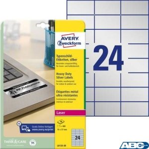 Etykiety znamionowe srebrne, A4, 20 ark. / op., 70 x 37 mm, srebrne, poliestrowe, AVERY ZWECKFORM, L6133-20