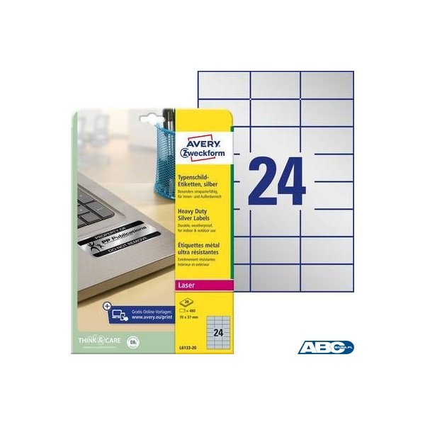 Etykiety znamionowe srebrne, A4, 20 ark./op., 70 x 37 mm, srebrne, poliestrowe, AVERY ZWECKFORM, L6133-20