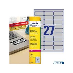 Etykiety znamionowe srebrne, A4, 8 ark. / op., 63,5 x 29,6 mm, srebrne, poliestrowe, AVERY ZWECKFORM, L6011-8