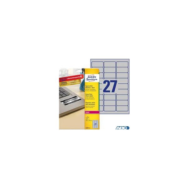 Etykiety znamionowe srebrne, A4, 8 ark./op., 63,5 x 29,6 mm, srebrne, poliestrowe, AVERY ZWECKFORM, L6011-8