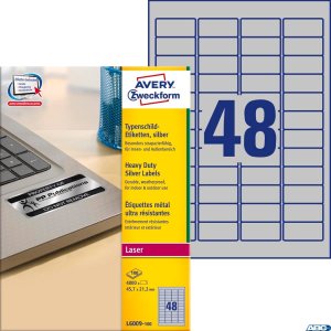 Etykiety znamionowe L6009-100 45,7x21,2 100 ark. srebrne, poliestrowe, Avery Zweckform