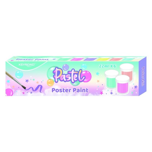 Farby plakatowe KEYROAD Pastel, 6x22ml, pędzelek gratis, pudełko, mix kolorów pastel