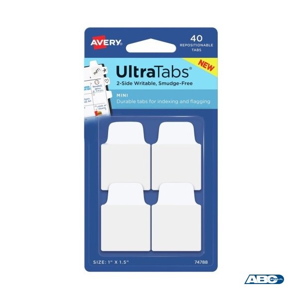 Ultra Tabs - samoprzylepne zakładki indeksujące, białe, 25,4x38, 40 szt., Avery Zweckform 74788
