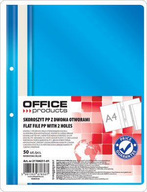 Skoroszyt OFFICE PRODUCTS, PP, A4, 2 otwory, 100/170mikr., wpinany, niebieski, (50szt), 21104211-01