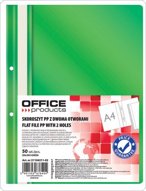 Skoroszyt OFFICE PRODUCTS, PP, A4, 2 otwory, 100/170mikr., wpinany, zielony, (50szt), 21104211-02