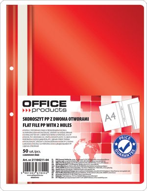 Skoroszyt OFFICE PRODUCTS, PP, A4, 2 otwory, 100/170mikr., wpinany, czerwony, (50szt), 21104211-04