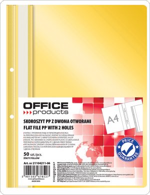 Skoroszyt OFFICE PRODUCTS, PP, A4, 2 otwory, 100/170mikr., wpinany, żółty, (50szt), 21104211-06