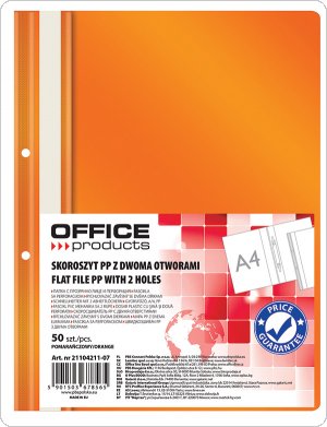 Skoroszyt OFFICE PRODUCTS, PP, A4, 2 otwory, 100/170mikr., wpinany, pomarańczowy, (50szt), 21104211-07