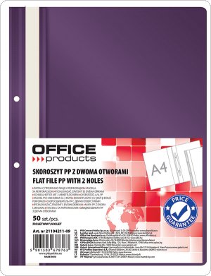 Skoroszyt OFFICE PRODUCTS, PP, A4, 2 otwory, 100/170mikr., wpinany, fioletowy, (50szt), 21104211-09