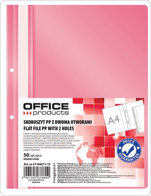 Skoroszyt OFFICE PRODUCTS, PP, A4, 2 otwory, 100/170mikr., wpinany, różowy, (50szt), 21104211-13