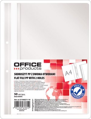 Skoroszyt OFFICE PRODUCTS, PP, A4, 2 otwory, 100/170mikr., wpinany, biały, (50szt), 21104211-14