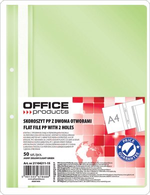 Skoroszyt OFFICE PRODUCTS, PP, A4, 2 otwory, 100/170mikr., wpinany, jasnozielony, (50szt), 21104211-15