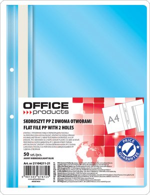 Skoroszyt OFFICE PRODUCTS, PP, A4, 2 otwory, 100/170mikr., wpinany, jasnoniebieski, (50szt), 21104211-21