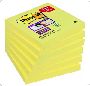 Bloczek samoprzylepny POST-IT Super Sticky (654-P6SSCY-EU), 76x76mm, 5+1x90 kart., żółty, 1 bloczek GRATIS, 3M-70005198315