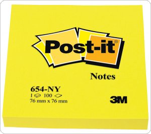 Bloczek samoprzylepny POST-IT (654NY), 76x76mm, 1x100 kart., jaskrawy żółty, 3M-70007028049