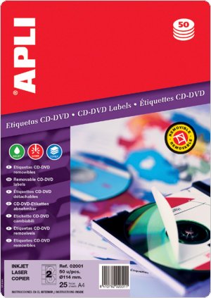 Etykiety na płyty CD/DVD APLI, średnica 114/41mm, okrągłe, białe, AP2001
