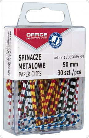 Spinacze metalowe OFFICE PRODUCTS Zebra, powlekane, 50mm, w pudełku, 30szt., mix kolorów, 18085069-99