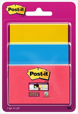 Bloczek samoprzylepny POST-IT Super Sticky (3432SS3-BYP-EU), 47,6x47,6mm, 3x45 kart., zawieszka, mix kolorów, 3M-70005252013