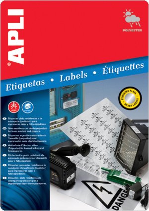 Etykiety poliestrowe APLI, 45,7x21,2mm, zaokrąglone, srebrne, 20 ark., AP10066