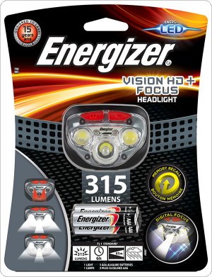 Latarka czołowa ENERGIZER Vision HD Plus Focus Headlight + 3szt. baterii AAA, szara, EN-412802