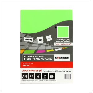 Fluorescencyjne etykiety samoprzylepne A4 zielone 25ark. Emerson ETOKZIE01x025x010